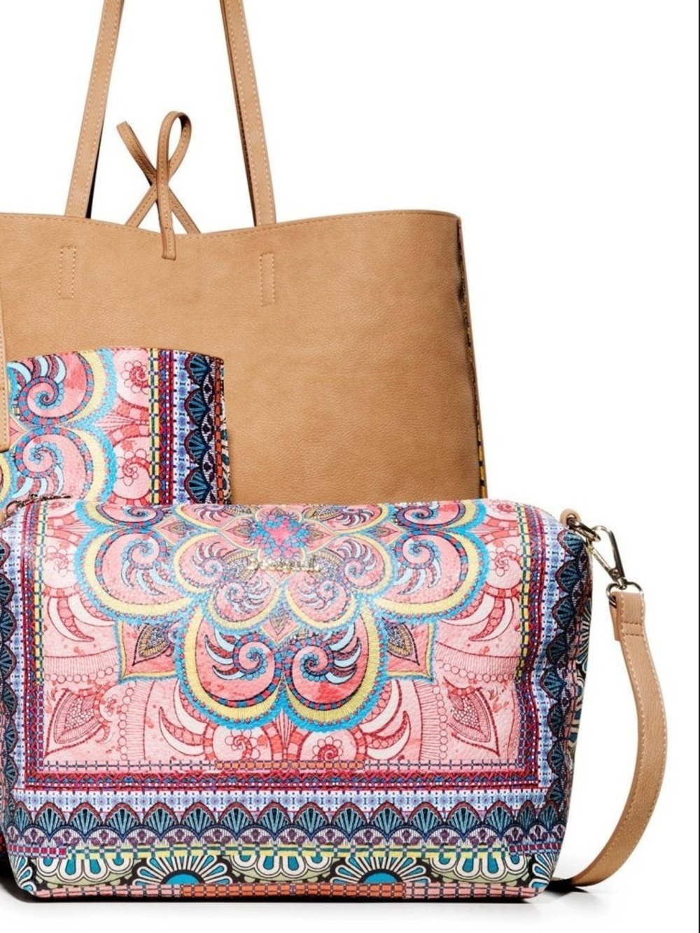 Desigual Pink Multicolor Embroidered Crossbody Bag with Tan Strap